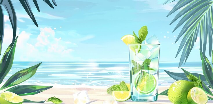 A glass of lemonade sits next to fresh limes on the sandy beach, under the bright sun