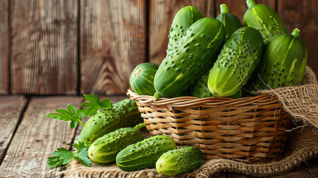 Freshly picked cucumbers neatly in a basket on a wooden background