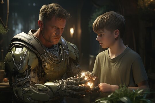 Fototapeta Futuristic soldier and young boy kneel before a glowing object on the ground