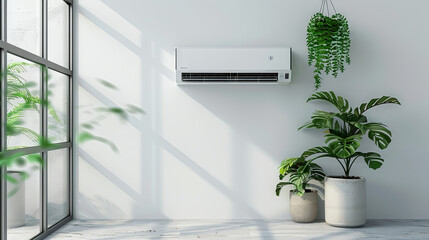 Air conditioner hanging on the wall of a  bright room with furniture and indoor plants - obrazy, fototapety, plakaty