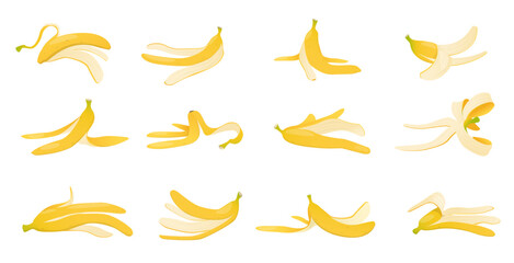 Cartoon yellow banana peels. Organic trash. Food waste. Fruit cleaning. Different positions. Product shell. Recycling biological litter. Slipping on husk. Slippery rinds vector set