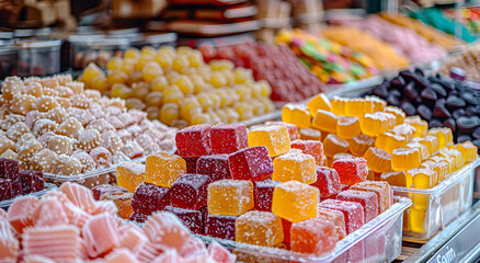 A close-up of an assortment of handmade rakhat-lukum, on a market counter.