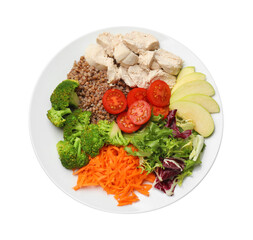 Balanced diet and healthy foods. Plate with different delicious products isolated on white, top view