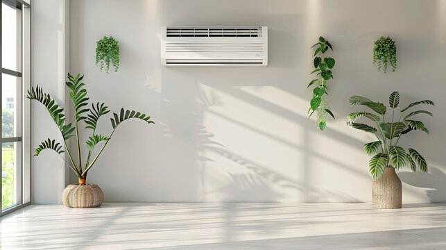 Air conditioner hanging on the wall of a cozy bright room with furniture and indoor plants