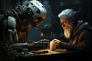 Afwasbaar fotobehang Old man and robot at a table with a candle in a post-apocalyptic setting. © Наталья Бойко