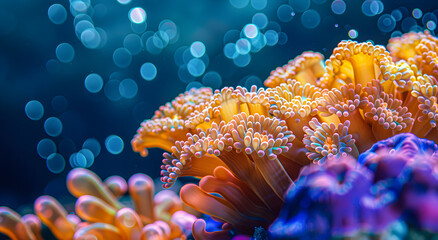 Naklejka premium Coral reef ecosystem, underwater beauty. Close-up of coral reef polyp textures.