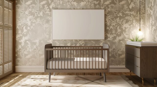 Positioned against a wall covered in elegant, neutral-toned wallpaper with a subtle, abstract pattern, an empty canvas mockup adds a touch of sophistication to this modern baby room.