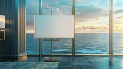 Sophisticated Canvas Mockup in a CEO Office Overlooking the Ocean: Positioned in a CEO's office with an ocean view, an empty canvas frame stands on an elegant stand by the window,