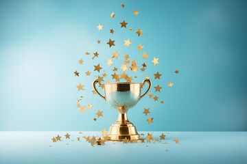 Golden trophy and streamers, business and competition concept, gold trophy cup with abstract blue stary background  - obrazy, fototapety, plakaty