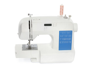 Modern sewing machine with pink thread isolated on white