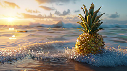A deliciously ripe pineapple rests on the crest of the ocean waves, basking in the warm rays of the sun at sunset - obrazy, fototapety, plakaty