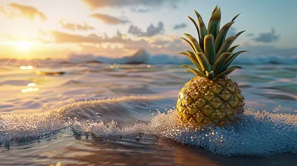 Foto op Plexiglas A deliciously ripe pineapple rests on the crest of the ocean waves, basking in the warm rays of the sun at sunset © Taisiia