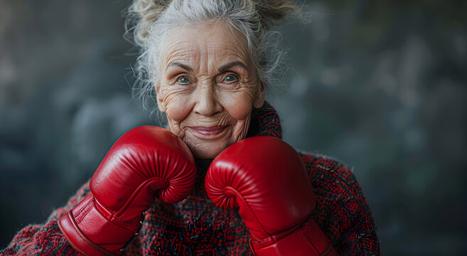 Older woman in red boxing gloves, ready to fight.