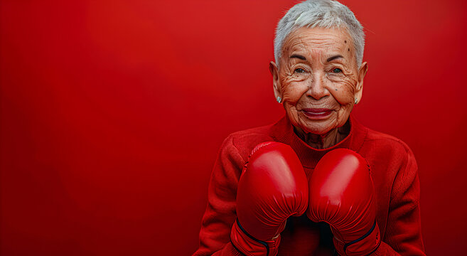 Older woman in red boxing gloves, ready to fight.