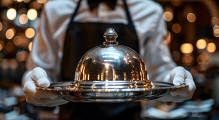 Close-up of a waiter in white gloves serving a silver tray of cloche.