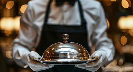 Close-up of a waiter in white gloves serving a silver tray of cloche. - obrazy, fototapety, plakaty