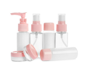 Cosmetic travel kit isolated on white. Bath accessories