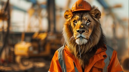 This ultra-high-definition image captures a dignified lion dressed in a safety jacket and helmet,...