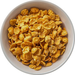 Bowl of crispy golden cornflakes cut out on transparent background