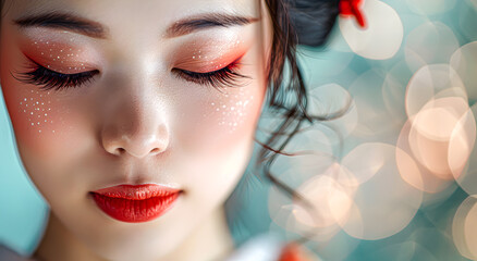 Close-up of the face of a young Asian geisha woman with detailed makeup.
