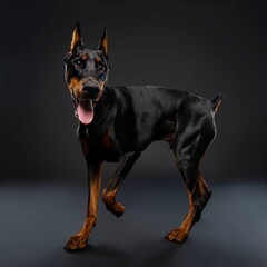 Beautiful doberman dog isolated on black background. looking at camera .front view.dog studio portrait.happy dog .dog isolated .puppy isolated .puppy closeup face,indoors.cute puppy isolated .