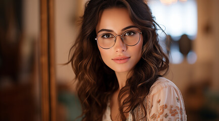Portrait d'une belle femme aux cheveux bruns, portant des lunettes, modèle de beauté. - obrazy, fototapety, plakaty