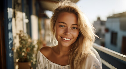 Portrait d'une belle femme aux cheveux blonds, heureuse et souriante, modèle de beauté. - obrazy, fototapety, plakaty