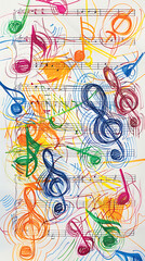 Colorful scribble lines forming music notes.
