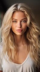 Naklejka premium Portrait d'une belle femme aux cheveux blonds, heureuse et souriante, modèle de beauté.
