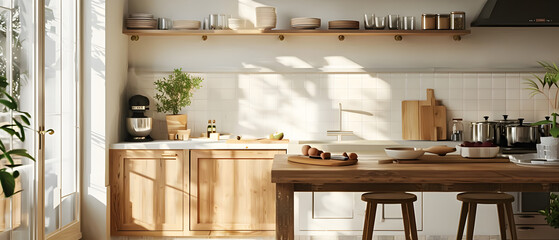 Obraz na płótnie Canvas Modern Kitchen Interior with Natural Light and Wooden Finish