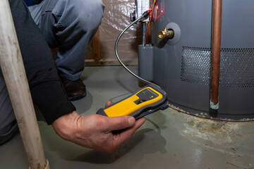 Home Inspector searching and using UEFI carbon monoxide detector to test basement gas furnace.