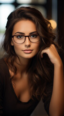 Portrait d'une belle femme aux cheveux bruns portant des lunettes, modèle de beauté.