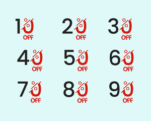 10%, 20%, 30%, 40%, 50%, 60%, 70%, 80%, 90% Discount. Sale tags set vector badges template. Sale offer price sign. Special offer symbol. Discount promotion. Discount badge shape. Vector design.