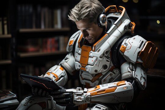 Futuristic soldier wearing armor and using a tablet in front of a bookshelf.