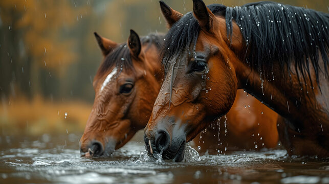 Gescheckte Pferde beim Baden im Fluss