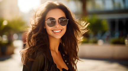 Portrait d'une belle femme aux cheveux bruns portant des lunettes de soleil, heureuse et souriante, modèle de beauté. - obrazy, fototapety, plakaty