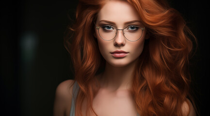 Portrait d'une belle femme aux cheveux roux portant des lunettes, modèle de beauté. - obrazy, fototapety, plakaty
