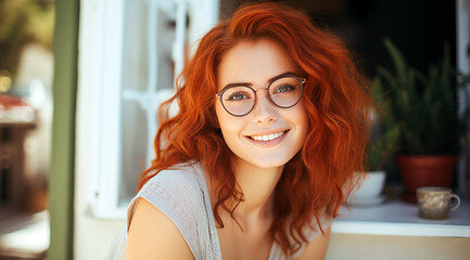 Portrait d'une belle femme aux cheveux roux portant des lunettes, heureuse et souriante, modèle de beauté. - obrazy, fototapety, plakaty