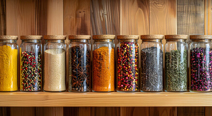 Arranged spice jars on the kitchen shelf. Various dry spices in glass jars.