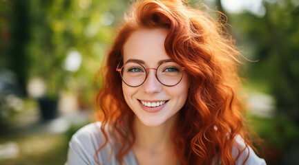 Portrait d'une belle femme aux cheveux roux portant des lunettes, heureuse et souriante, modèle de beauté. - obrazy, fototapety, plakaty