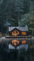 Fototapeta premium Tranquil Lake House Retreat Amidst Forest Serenity