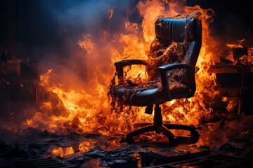A burning chair in the office, burnout and loss of reality. Deadline and postponement of issuing the order on time. - obrazy, fototapety, plakaty