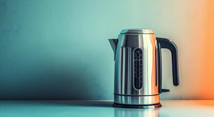 Sleek electric kettle on simple flat background with copy space. - obrazy, fototapety, plakaty