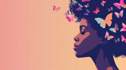 Beautiful woman with colorfl butterflies flying over her head.
