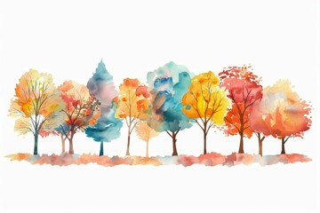 Watercolor autumn trees horizontal banner isolated on white background, seasonal nature illustration for decorative design - obrazy, fototapety, plakaty