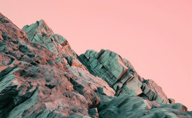 Minimalistic landscapes background. Rocky volcano slopes against pastel peach sky.
