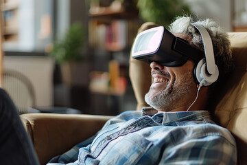 Person enjoys entertainment with VR glasses while lying on armchair - obrazy, fototapety, plakaty