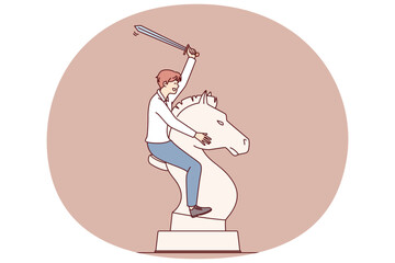 Man with sword astride huge horse chess piece symbolizes determination and readiness for bold action. Business concept of competition between corporation managers