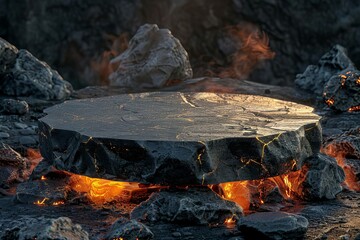 Volcanic Lava Podium on Rocky Ground, Dramatic Product Display Background, 3D Illustration