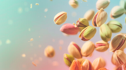 Flying in air fresh raw whole and cracked pistachios isolated on green background.